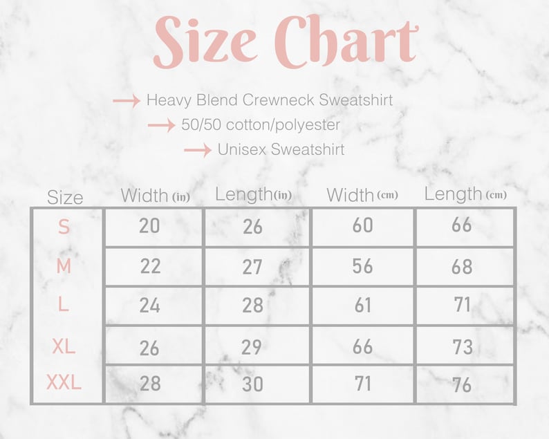 May include: Size chart for a unisex sweatshirt made of a 50/50 cotton and polyester blend. The chart shows the width and length in inches and centimeters for sizes S, M, L, XL, and XXL.