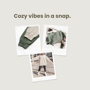 Pu&ograve; includere: Tre foto in stile polaroid che mostrano delle felpe. Una foto mostra i polsini di una felpa verde e beige. Un'altra mostra una felpa verde su un appendiabiti. La terza foto mostra una persona che indossa una felpa color crema.