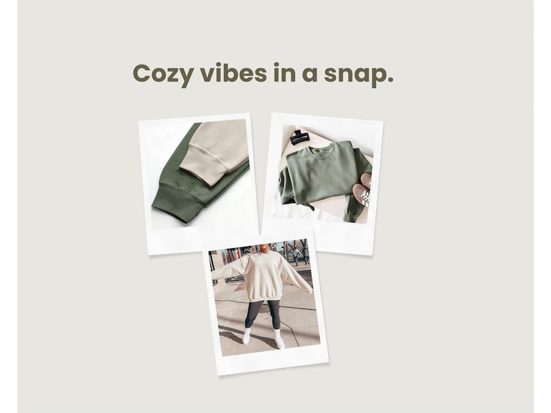 Pu&ograve; includere: Tre foto in stile polaroid che mostrano delle felpe. Una foto mostra i polsini di una felpa verde e beige. Un'altra mostra una felpa verde su un appendiabiti. La terza foto mostra una persona che indossa una felpa color crema.