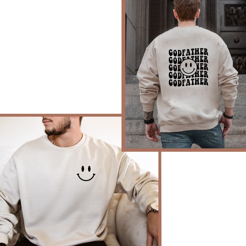 May include: A beige sweatshirt with a black smiley face on the front and the text "GODFATHER" repeated multiple times on the back.