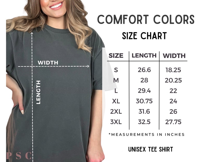 May include: Size chart for unisex t-shirts with measurements in inches for length and width. Sizes include S, M, L, XL, 2XL, and 3XL.