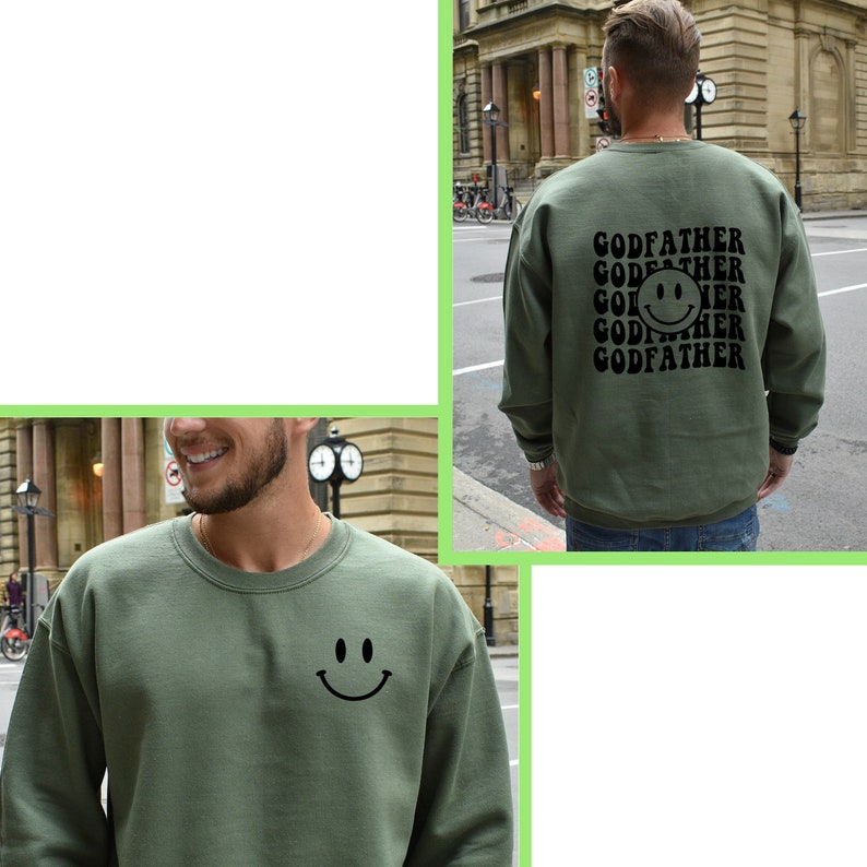 May include: A green sweatshirt with a black smiley face on the front and the text 'GODFATHER' repeated multiple times with a black smiley face on the back.