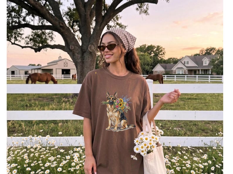 Peut inclure: T-shirt marron avec un motif de berger allemand tenant un bouquet de tournesols. La personne porte des lunettes de soleil et un foulard &agrave; motifs, tenant un sac fourre-tout avec des marguerites. L'arri&egrave;re-plan comprend une cl&ocirc;ture blanche, des chevaux et une grange.