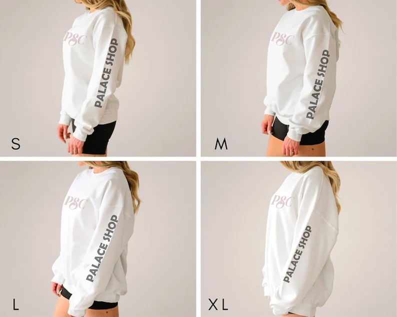 Puede incluir: Sudadera blanca con el texto "P&C PALACE SHOP" impreso en la manga. La sudadera se muestra en cuatro tallas: S, M, L y XL.