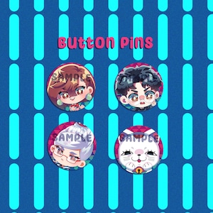 May include: Four colorful button pins featuring cartoon characters. The pins are round and have a white background. The characters are a girl with brown hair, a boy with black hair, a man with white hair, and a white cat.