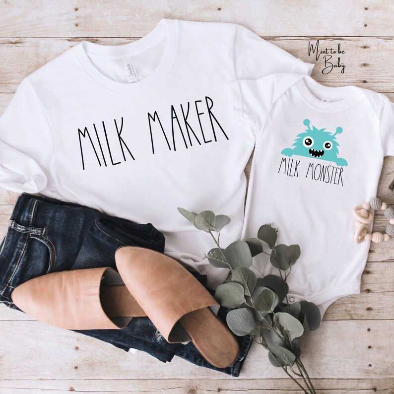 Milk Maker Milk Monster - Mommy and Me Set - Mom and Baby Bundle - Funny Breastfeeding Baby and Mother Shirts 