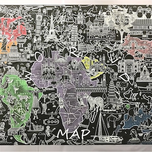 Reusable Giant Coloring Wall Sticker with 8 washable crayons-World  map