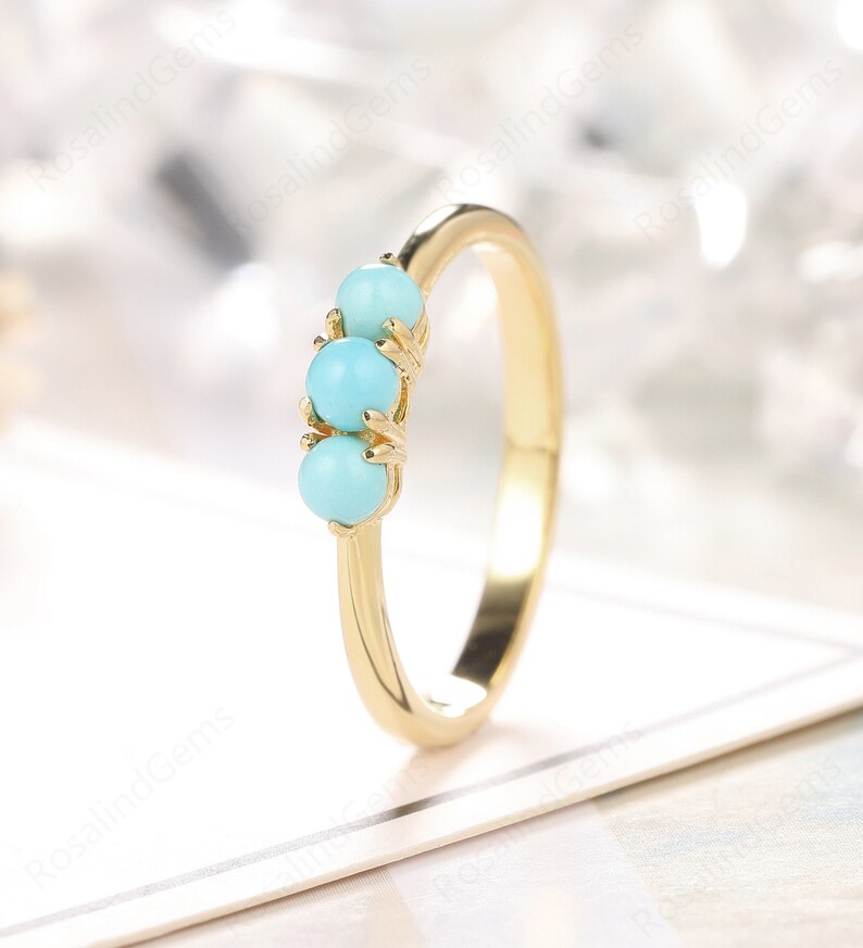Dainty Women/'s Ring Unique Engagement Ring Minimalist Jewelry Daily Ring Round Cut 3.3mm Turquoise Wedding Ring Handmade Bridal Ring