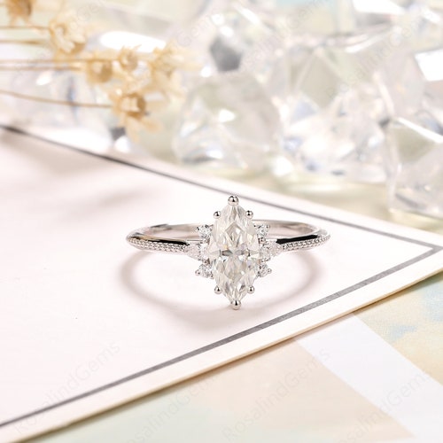 Marquise Cut 5x10mm Moissanite Engagement Ring, Sterling Silver Ring Wedding shops Ring, Art Deco Bridal Ring, Anniversary Gift, Promise Ring