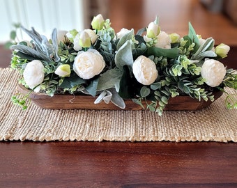 Dough Bowl Farmhouse Arrangement Dining Table Peony Arrangement Hand-Carved Dough Bowl Table Arrangement Dough Bowl Centerpiece Peony Flower