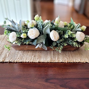 Dough Bowl Farmhouse Arrangement Dining Table Peony Arrangement Hand-Carved Dough Bowl Table Arrangement Dough Bowl Centerpiece Peony Flower