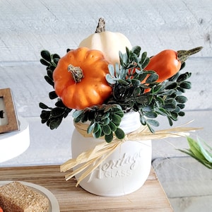 Fall Tier Tray Greenery Small Pumpkin Table Decor Mini Pumpkin Farmhouse Arrangement Mason Jar Fall Flower Tabletop Fall Decor Faux Pumpkin