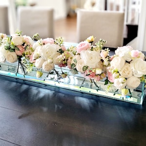 Silk Flower Arrangement Clear Glass Modern Dining Table Centerpiece Bridal Arrangement Long Rectangular Vase Real Touch Roses Flower Peony