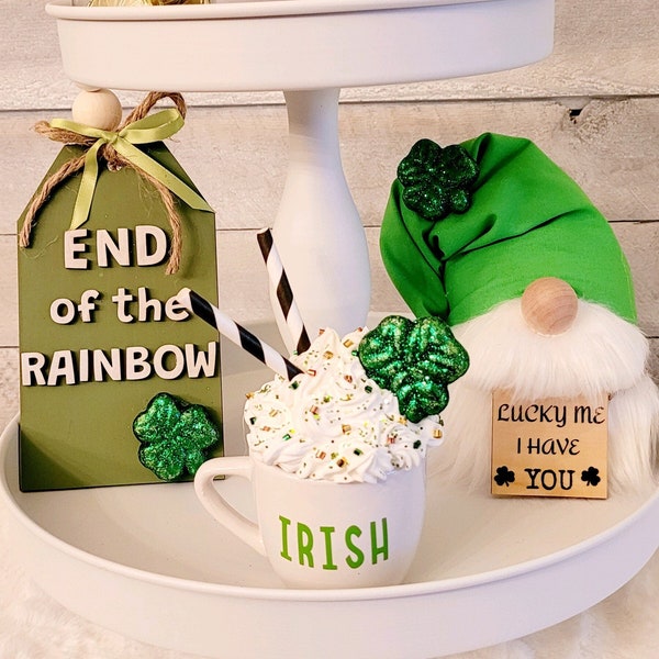 St Patricks Day Tiered Tray Bundle CloverLeprechaunTiered TrayLucky Pot of Gold ,March 17, Kiss Me I’m Irish, Irish Sign, Faux Coffee