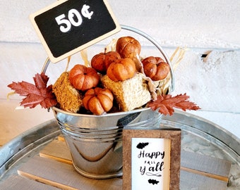 Mini cesta de calabaza para bandeja escalonadaMini calabazas para bandeja escalonadaFeliz otoño a todosBandeja escalonada de otoñoHojas de otoñoMini lata galvanizada, calabazas de otoño