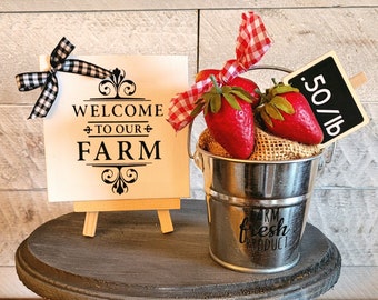 Mini Strawberry Tin Tiered Tray DecorMini Galvanized Farm Fresh Fruit Tin for Tiered TrayMini Farmhouse Tin for TierWelcome to our Farm