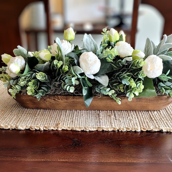 Dough Bowl Farmhouse Arrangement Dining Table Peony Arrangement Hand-Carved Dough Bowl Table Arrangement Dough Bowl Centerpiece Peony Flower