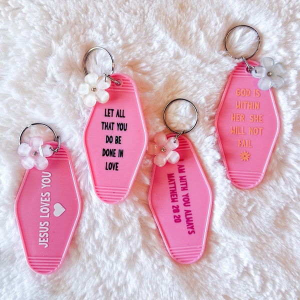 Motel Keychain Religious Gift Christianity Keychain Bible Verse Gift for Her Pink Retro Accessories Car Flower Faith Based Gift Keychain