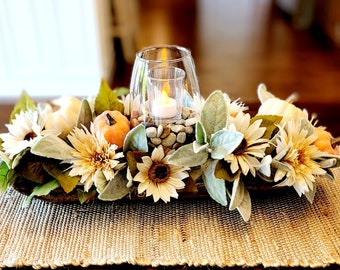 Fall Dough Bowl Arrangement Fall Flowers Candle Centerpiece Fall Arrangement Hand Carved Dough Bowl Sunflower Table Arrangement Fall Floral