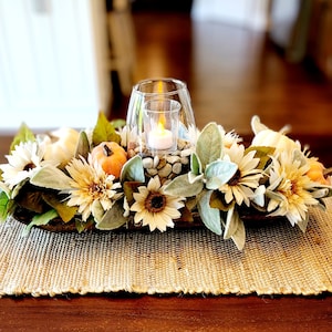 Fall Dough Bowl Arrangement Fall Flowers Candle Centerpiece Fall Arrangement Hand Carved Dough Bowl Sunflower Table Arrangement Fall Floral