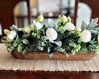 Dough Bowl Farmhouse Arrangement Dining Table Peony Arrangement Hand-Carved Dough Bowl Table Arrangement Dough Bowl Centerpiece Peony Flower