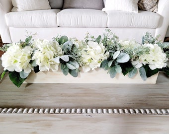 Farmhouse style long Spring Hydrangea arrangement in wood planter box Hydrangea centerpiece wood box mantle centerpiece planter box