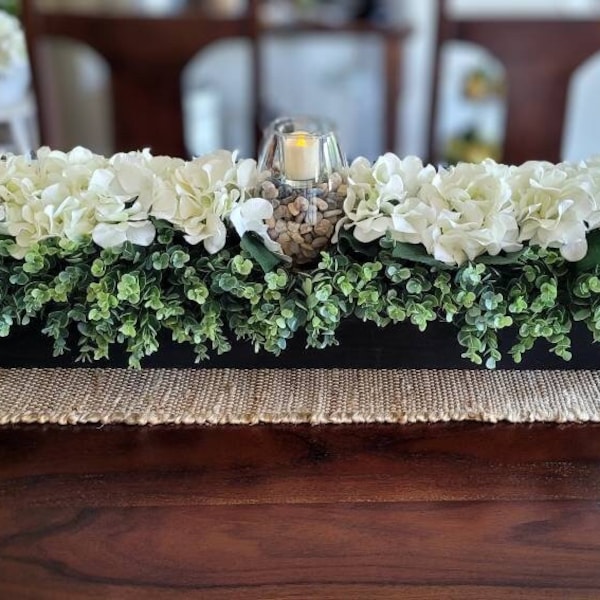 Hydrangea Wood Box Centerpiece For Dining Table Centerpiece For Dining Table Flower Arrangement Mantel Centerpiece Flowers Hydrangea Flower