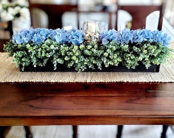 Hydrangea Long Wood Box Arrangement Blue Hydrangea Farmhouse Centerpiece Dining Table Fake Flower In Long Wood Box Hydrangea Arrangement