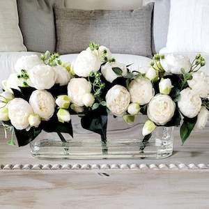 Modern Floral Arrangement Faux Peony Centerpiece Silk Flowers Glass Vase Modern Dining Table Centerpiece French Decor Bridal Decor Long Vase