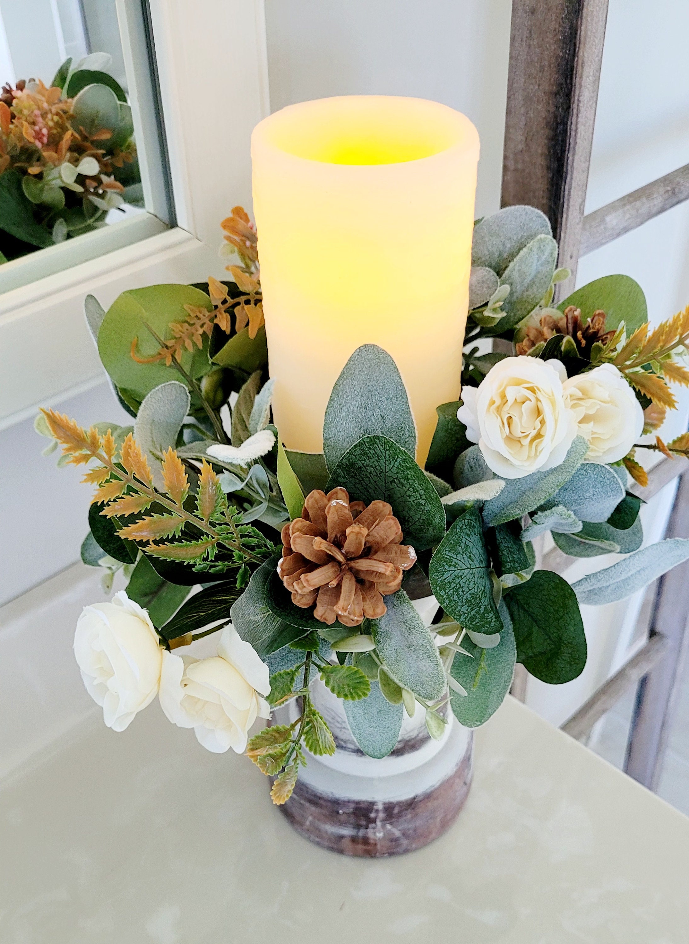 Corona de velas con forma de anillo, decoración de velas de estilo rústico,  decoración de farolillos de estilo francés, decoración de mesa otoñal,  decoración de vegetación, decoración de dormitorio, corona otoñal pequeña -, image size:2188x3000