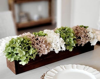 Hydrangea Floral Centerpiece Coffee Table Arrangement Dining Rustic Wood Box Silk Faux Artificial Flower Sage Green Eucalyptus Farmhouse