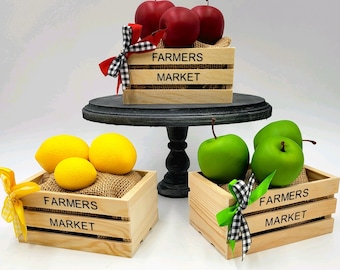Mini Farmers Market Crate Tiered Tray Decor Mini Farm Fruit Crate for Tiered TrayLemons Apples Farmhouse Tiered Tray Mini Wooden Crate