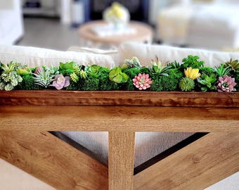 Succulent Dining Centerpiece Wood Bowl Arrangement Gift Men Client Appreciation Present Artificial Greenery Modern Long Box Table Accent