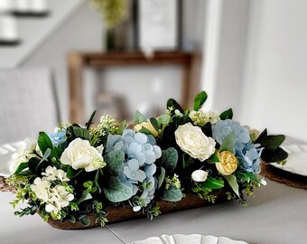 Dough Bowl Centerpiece Farmhouse Table Arrangement Real Peony Rustic Dining Room Realistic Flower Arrangement Mantel Kitchen Display Wedding
