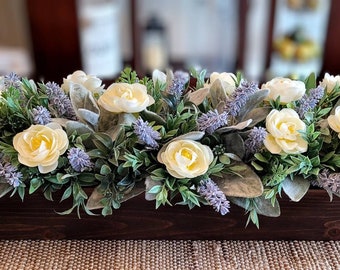 Wood Box Lavender Arrangement Farmhouse Lavender Centerpiece Dining Table Lavender Farmhouse Wooden Box Centerpiece Fake Lavender Floral