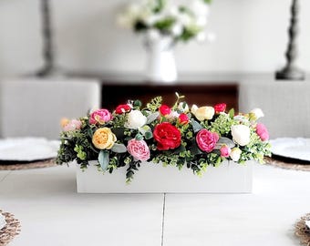 Dining Table Centerpiece Box Decor Arrangement Farmhouse Floral Spring Home Kitchen Display Wood Peony Silk Flower Rustic Country Style Gift