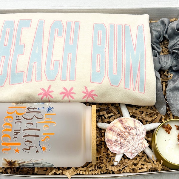 Beach Bum Shirt Summer Gift Box Unique Gift Basket Women Summer Shirt Beach Coffee Glass Frosted Tumbler Summer Birthday Gift Box Retirement