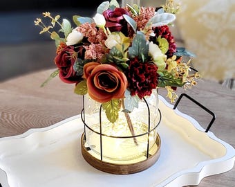 Fall Rustic Lantern Fall Vase Vintage Style Lantern Centerpiece Wedding Table Arrangement Silk Flower Glass Container Battery Light