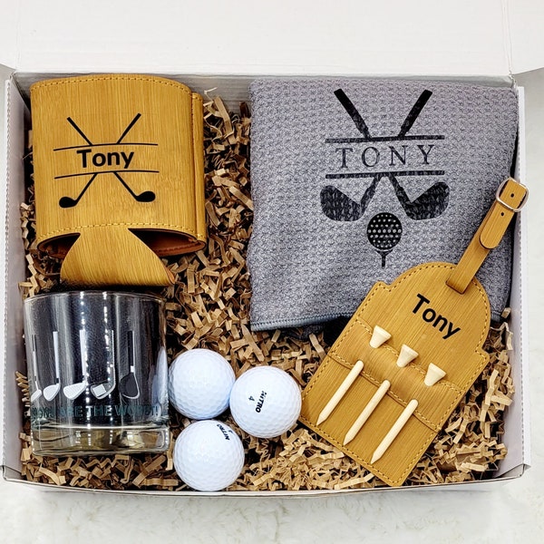 Fathers Day Gift Golf Shirt for Men Gift Box Dad Golf Gifts for Men Towel Golf Custom Name Shirt Men Golf Bag Tag Personalized Name Tee Golf