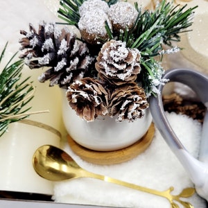 May include: A white gift box filled with a white ceramic planter with a small pine tree and pine cones covered in faux snow, a gold spoon, and a white mug with a grey handle.