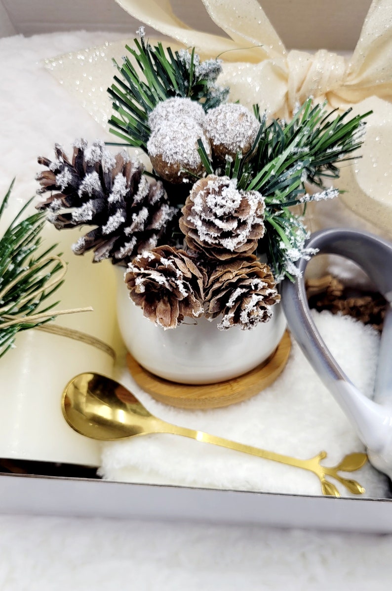 May include: A white gift box filled with a white ceramic planter with a small pine tree and pine cones covered in faux snow, a gold spoon, and a white mug with a grey handle.