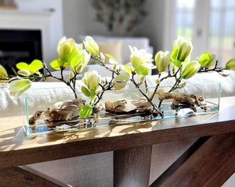 Magnolia Silk Arrangement Vase Glass Table Centerpiece Modern Floral Centerpiece Artificial Flower Vase Magnolia Flower Realistic Fake Plant