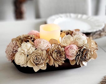 Wood Flower Arrangement Sympathy Gift Handcrafted Centerpiece Boho Dough Bowl Rustic Table Display Farmhouse Wedding Bridal Shower