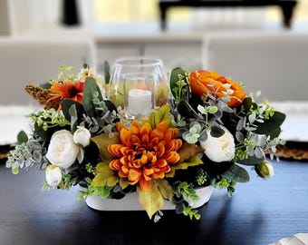 Fall Sunflower Centerpiece Dough Bowl Arrangement Farmhouse Table Autumn Candle Display Kitchen Harvest Dining Accent Rustic Home Seasonal