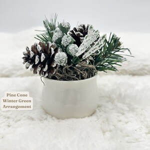 May include: A small white ceramic pot with a winter green arrangement of pine cones, frosted greenery, and berries.