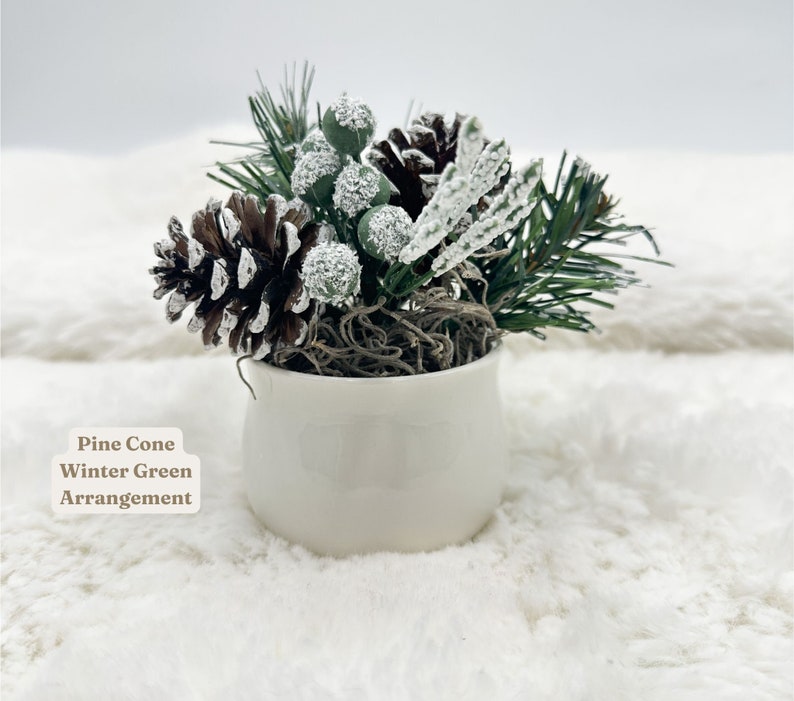 May include: A small white ceramic pot with a winter green arrangement of pine cones, frosted greenery, and berries.