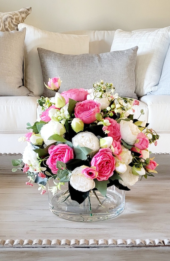 Modern Pink Peony Floral Arrangement Dining Table Faux