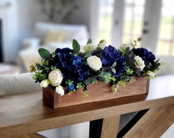 Silk Flower Arrangement Peony Hydrangea Rustic Wood Box Centerpiece Spring Wedding Table Decoration Farmhouse Dining Room Accent Home Gift