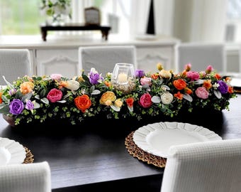 Bright Flower Arrangement Table Centerpiece Dining Room Mantel Display Floral Candle Holder Rustic Farmhouse Home Coffee Table Silk Peony