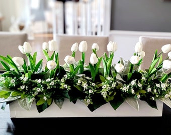 Tulip Flower Arrangement Farmhouse Long Box Tulip Arrangement Spring Flower Centerpiece Real Touch Tulips Mantel Flower Box Easter Flowers